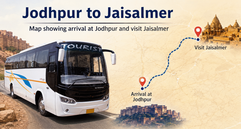 Bus Rental Jodhpur to Jaisalmer for family trips with a luxury AC coach traveling through Rajasthan