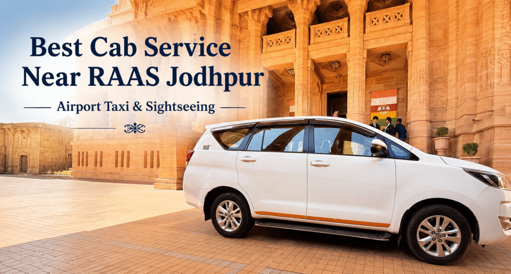 Best Cab Service Near RAAS Jodhpur featuring a white Toyota Innova parked outside a heritage sandstone building, offering airport taxi transfers, local sightseeing tours, and comfortable travel services in Jodhpur.