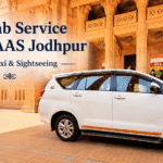 Best Cab Service Near RAAS Jodhpur featuring a white Toyota Innova parked outside a heritage sandstone building, offering airport taxi transfers, local sightseeing tours, and comfortable travel services in Jodhpur.