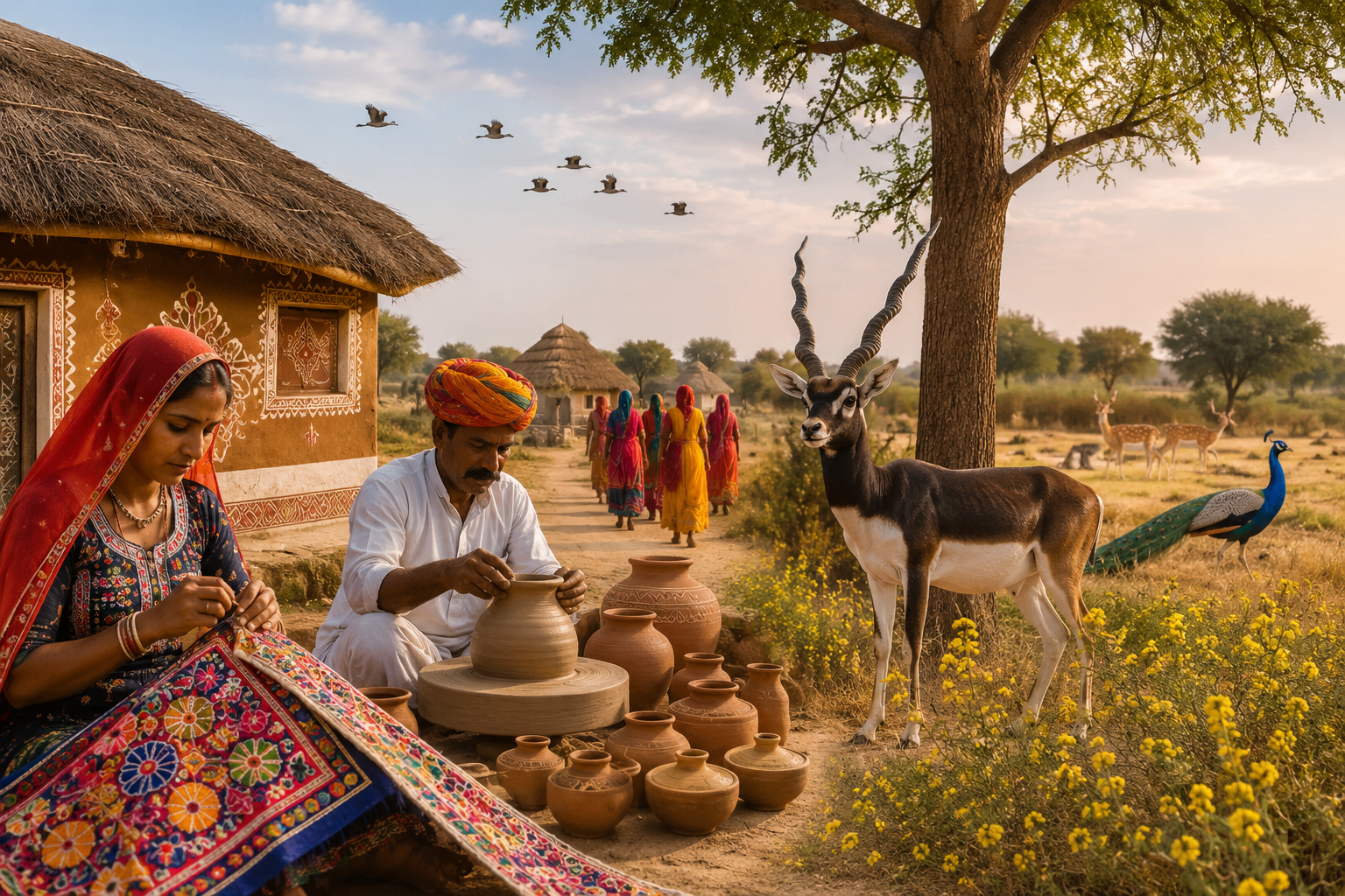 Bishnoi Village Safari in Rajasthan featuring traditional village life, local artisans, blackbuck wildlife, peacock, mud houses, and vibrant rural culture.