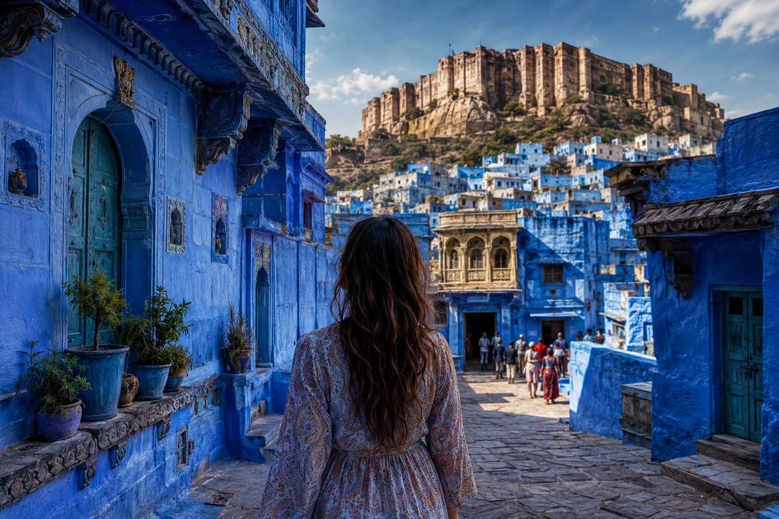 Blue City Heritage Tour in Jodhpur featuring vibrant blue-painted streets, traditional Rajasthani architecture, and a scenic view of Mehrangarh Fort overlooking the historic old city.
