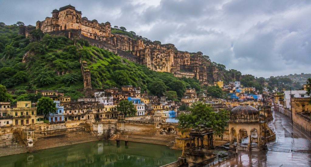 Bundi cityscape with Taragarh Fort and historic stepwells during monsoon
