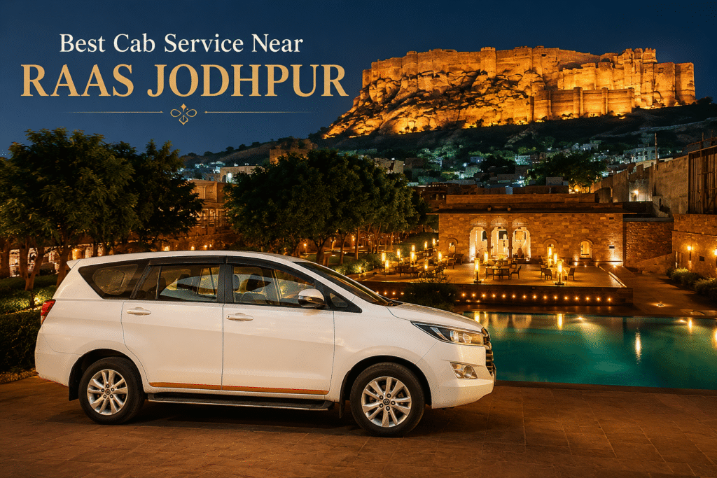 White cab parked near RAAS Jodhpur with illuminated Mehrangarh Fort in the background during the evening.