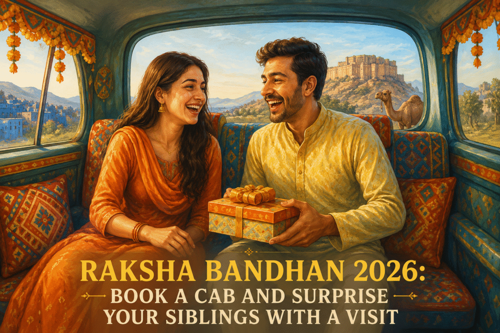 Brother and sister enjoying a festive Raksha Bandhan journey in a decorated cab with a gift box and Rajasthan fort view.