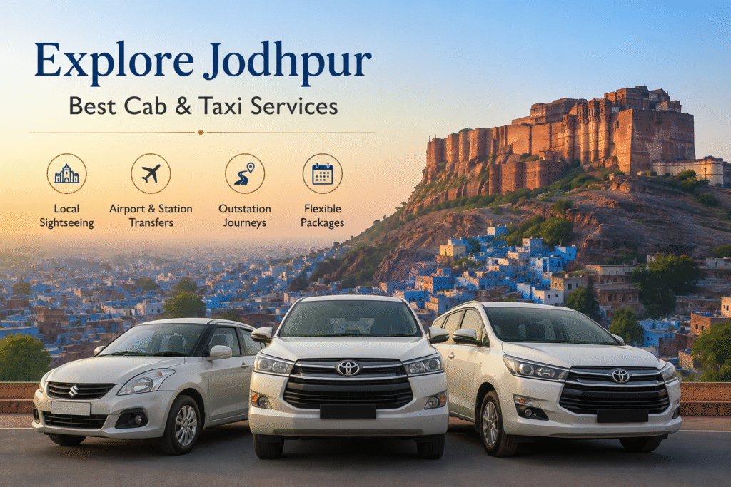 Jodhpur taxi service with sedan and SUV cars in front of Mehrangarh Fort and the Blue City skyline for local sightseeing, airport transfers, and Rajasthan tours.