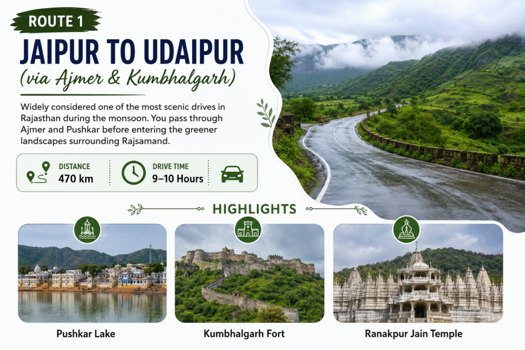 Jaipur to Udaipur monsoon road trip route through Aravalli hills and green landscapes