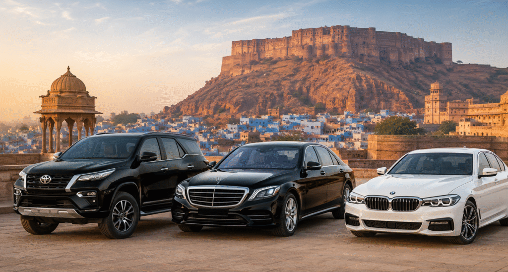 Luxury car rental fleet including Mercedes-Benz, BMW, and SUV vehicles parked in front of the majestic Mehrangarh Fort in Jodhpur, Rajasthan, offering premium chauffeur-driven travel services.