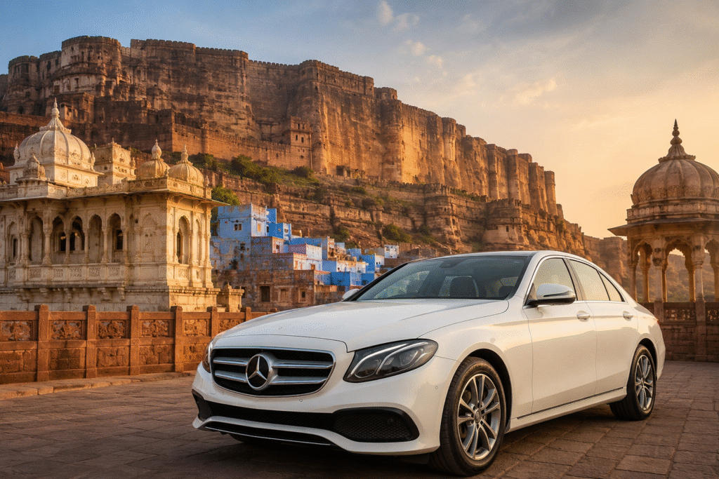Luxury white Mercedes-Benz sedan parked in front of Jodhpur’s iconic heritage architecture, featuring premium beige leather interiors, spacious seating, elegant wood trim, and a comfortable chauffeur-driven travel experience for luxury sightseeing and business travel in Rajasthan.
