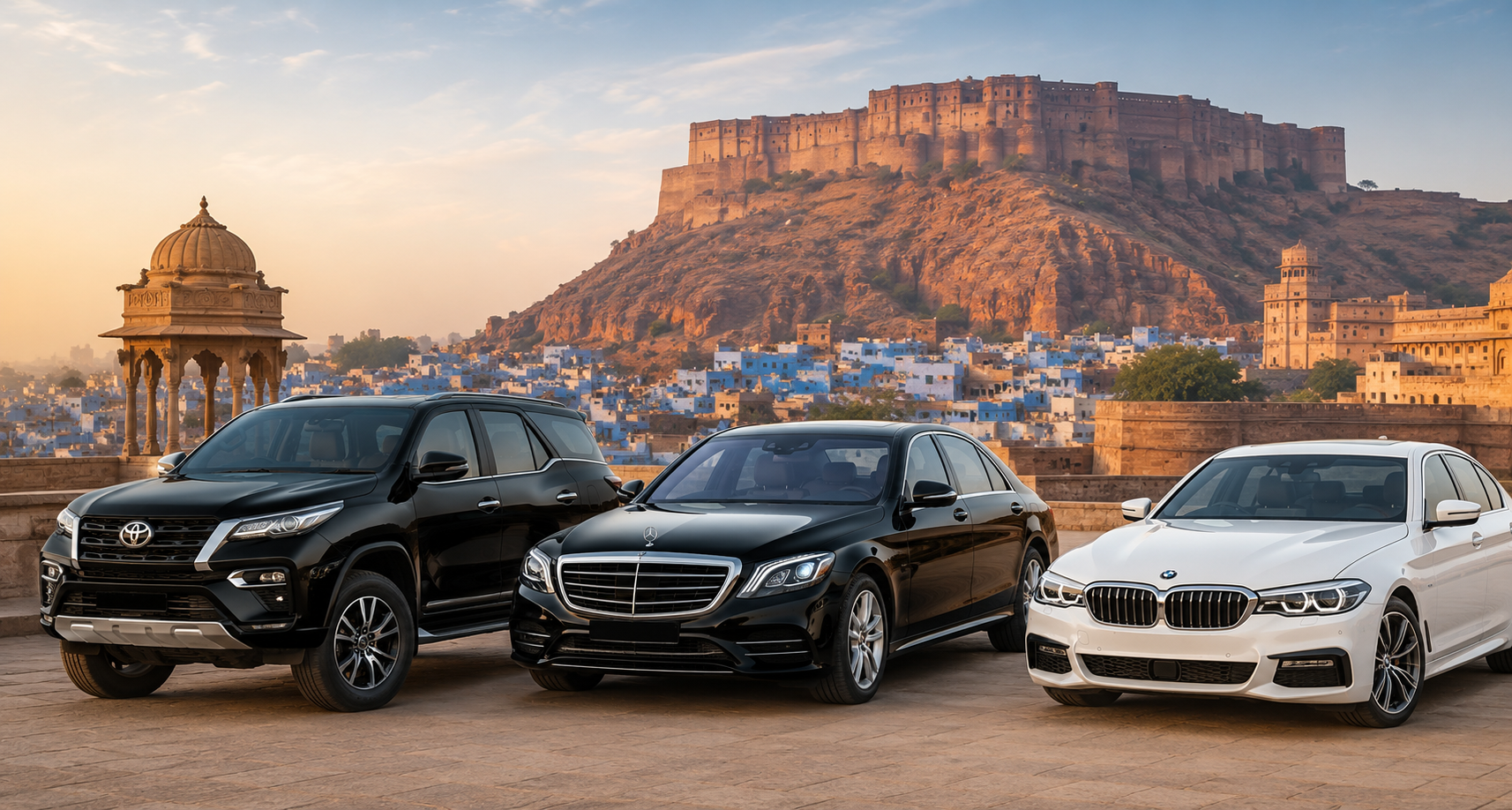 Luxury car rental fleet including Mercedes-Benz, BMW, and SUV vehicles parked in front of the majestic Mehrangarh Fort in Jodhpur, Rajasthan, offering premium chauffeur-driven travel services.
