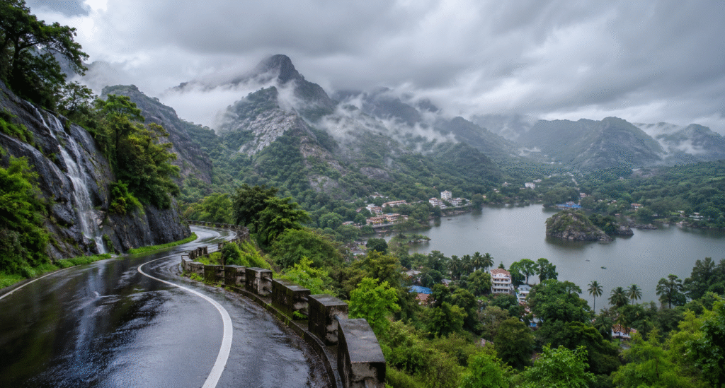 Monsoon road leading to Mount Abu with misty hills and Nakki Lake views