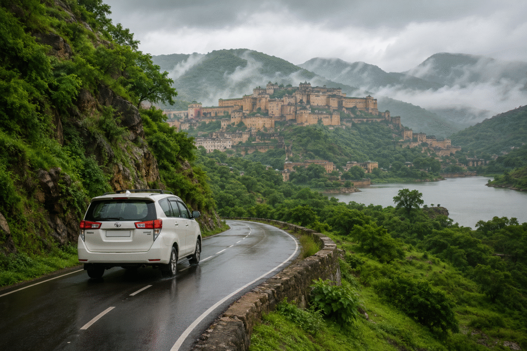 Rajasthan monsoon road trip with a car driving through lush green hills toward a historic hilltop fort in the rainy season.