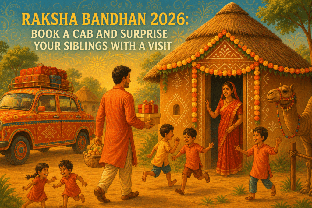 Raksha Bandhan 2026 celebration in an Indian village with siblings, decorated car, traditional hut, and festive family gathering.