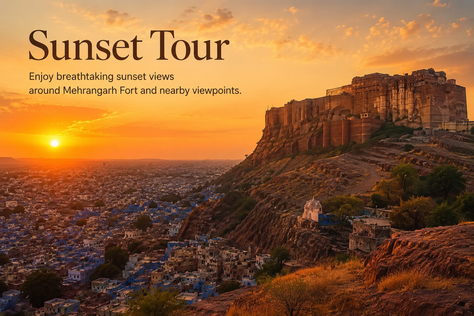 Sunset view of Mehrangarh Fort overlooking Jodhpur’s Blue City with golden evening skies during a scenic sunset tour.