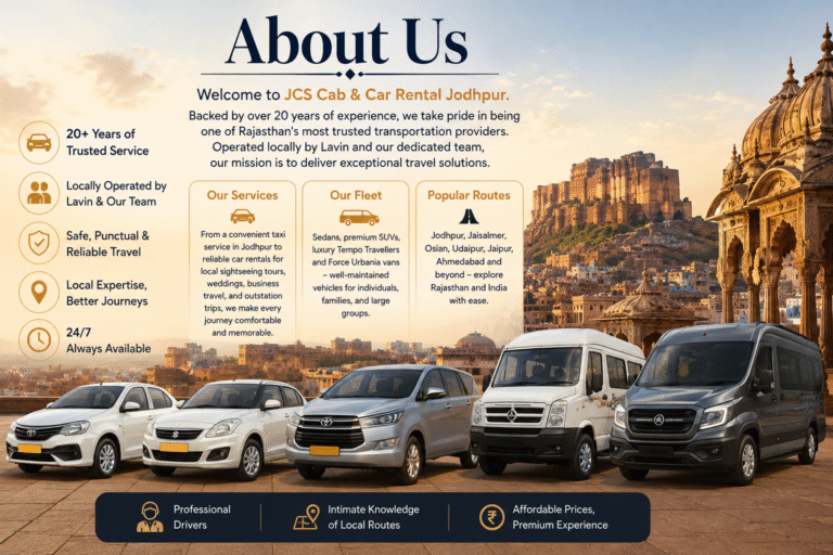 About Us – JCS Cab & Car Rental Jodhpur showcasing 20+ years of trusted transportation services in Rajasthan. The image features a fleet of sedan cars, Toyota Innova, Tempo Traveller, and Force Urbania vehicles in front of the iconic Mehrangarh Fort, Jodhpur. Highlights include local expertise, professional drivers, 24/7 availability, safe travel, affordable pricing, and popular Rajasthan travel routes.