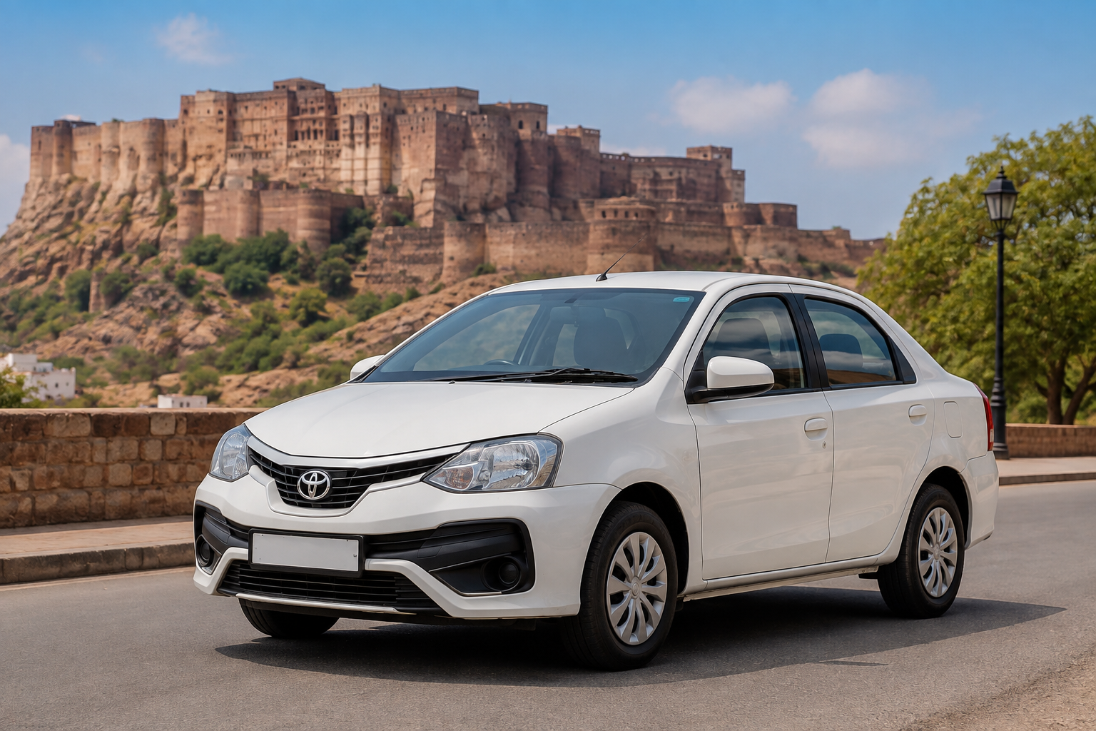 Economical sedan taxi in Jodhpur near Mehrangarh Fort.