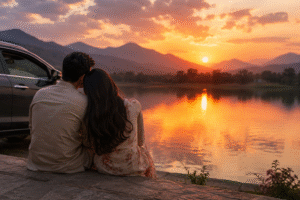 Romantic couple enjoying a sunset by a peaceful lake during a road trip.