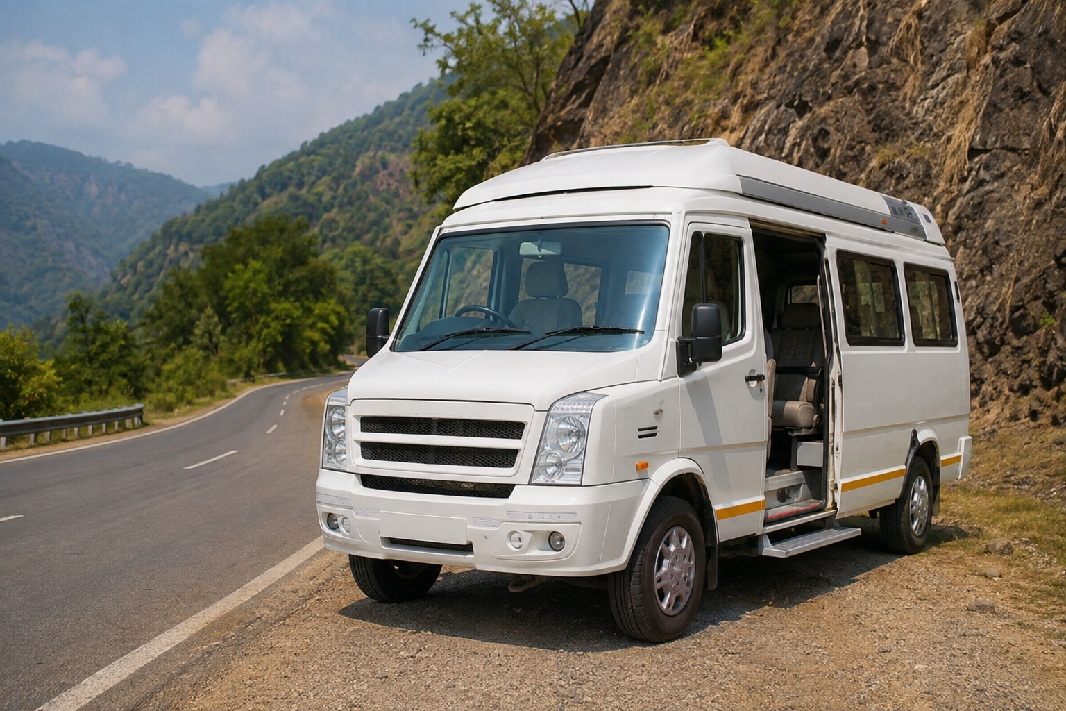 Standard Tempo Traveller parked on a scenic mountain road.