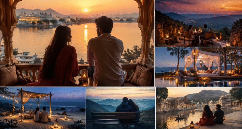 Romantic couple enjoying a sunset getaway by a lake.