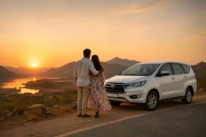 Romantic couple enjoying a private road trip beside an Innova Crysta at sunset.