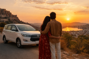 Romantic couple enjoying a sunset road trip in Rajasthan with an Innova Crysta.