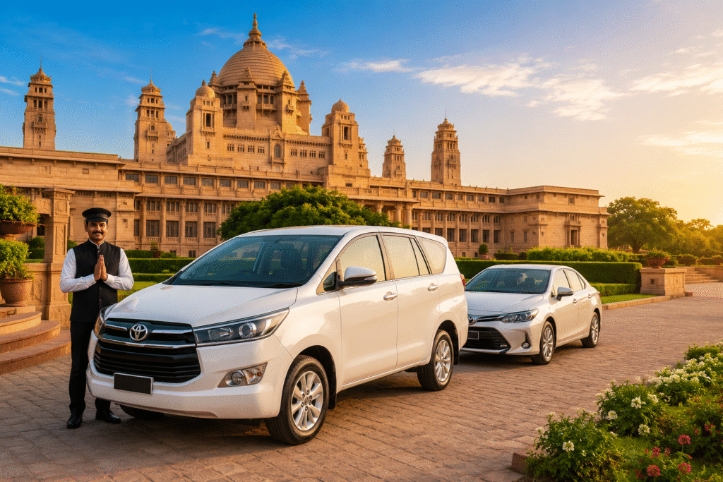Professional chauffeur standing beside Toyota Innova and sedan in front of Umaid Bhawan Palace, Jodhpur.