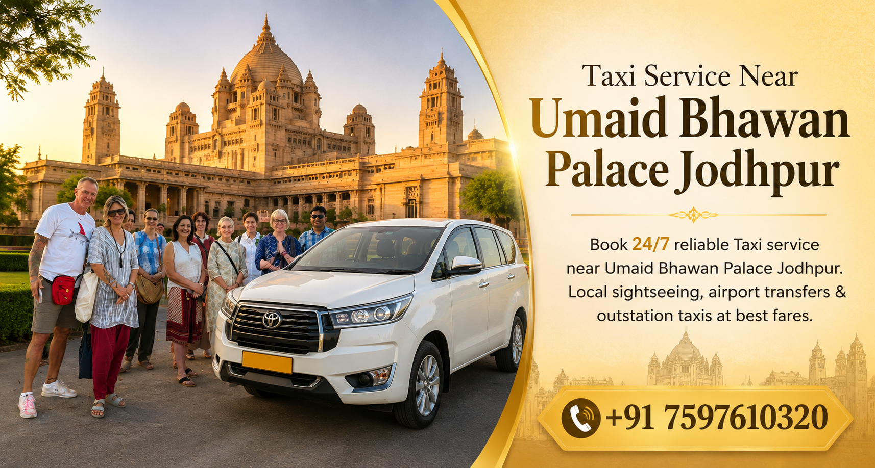 Tourists with a taxi near Umaid Bhawan Palace in Jodhpur for local sightseeing and airport transfer services.