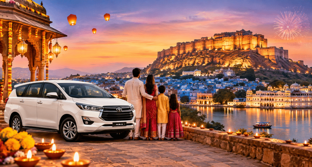 Diwali travel in Rajasthan with family, cab, and illuminated fort