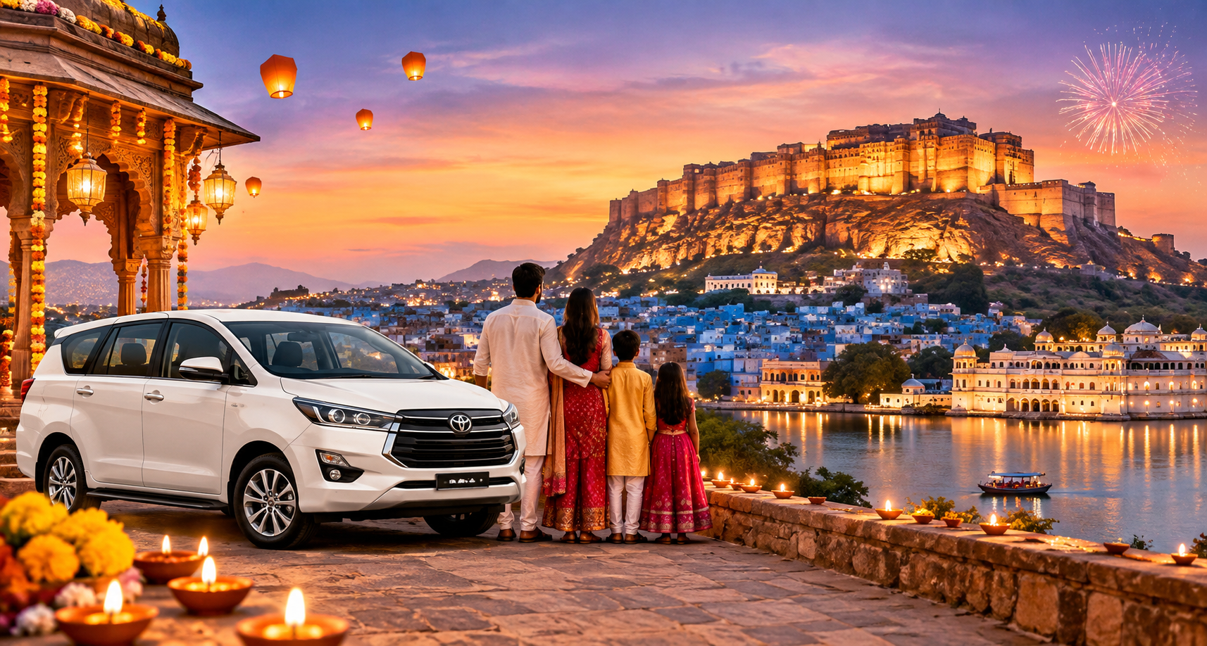 Diwali travel in Rajasthan with family, cab, and illuminated fort