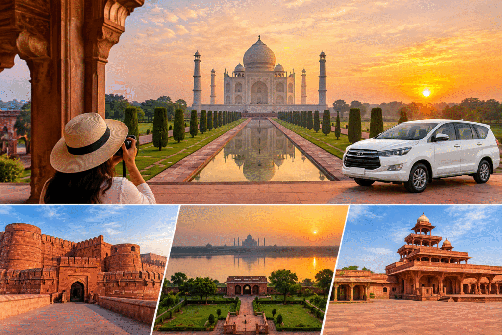 Taj Mahal at sunrise, Agra Fort, Mehtab Bagh, and Fatehpur Sikri travel collage.