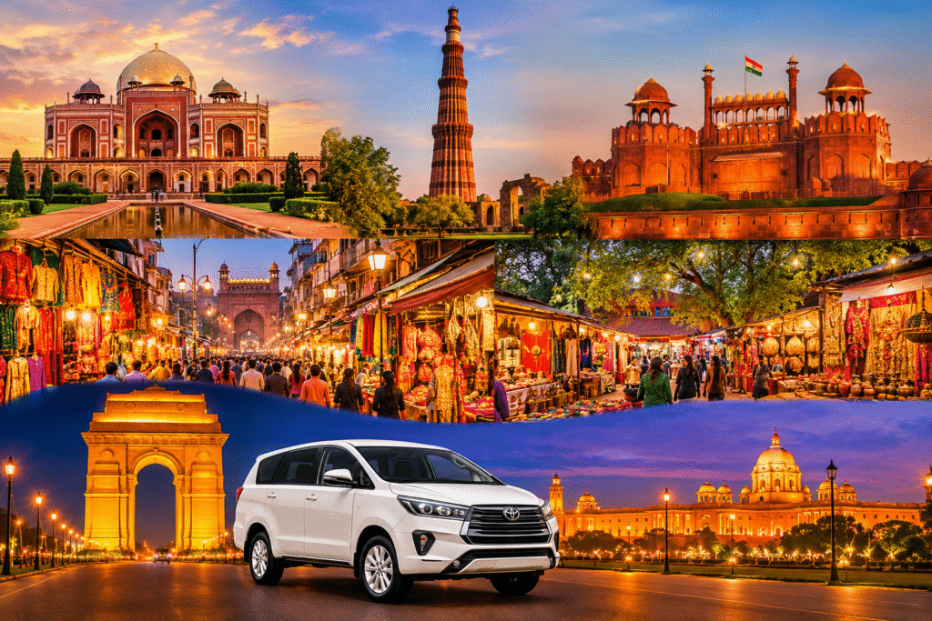 Delhi Diwali travel collage featuring Humayun’s Tomb, Qutub Minar, Red Fort, festive markets, India Gate, Rashtrapati Bhavan, and a white car for comfortable sightseeing.