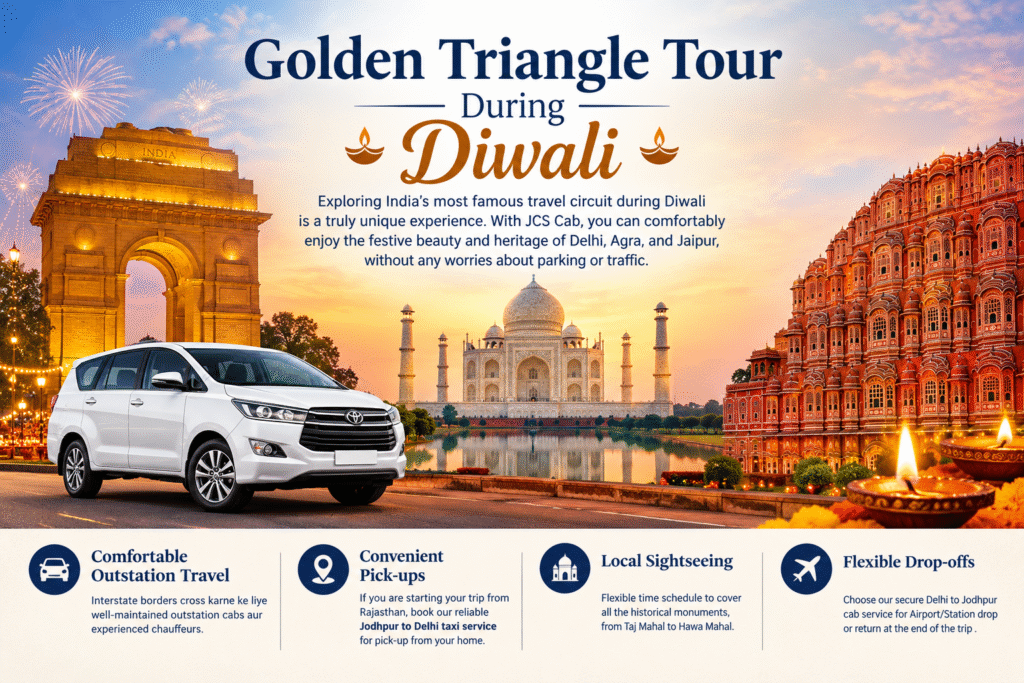 Golden Triangle Tour During Diwali featuring India Gate in Delhi, the Taj Mahal in Agra, Hawa Mahal in Jaipur, festive fireworks, glowing diyas, and a white car for comfortable sightseeing and outstation travel.