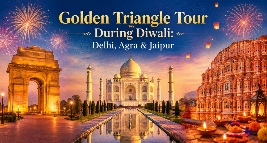 Golden Triangle Tour during Diwali featuring India Gate in Delhi, the Taj Mahal in Agra, and Hawa Mahal in Jaipur illuminated with festive lights and fireworks.
