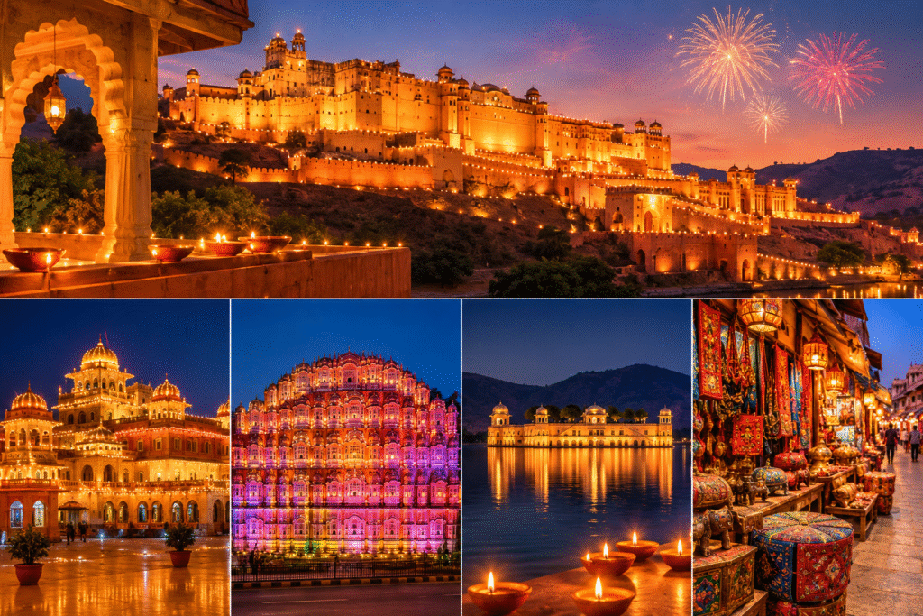 Jaipur’s illuminated landmarks and traditional markets during Diwali with a white Toyota Innova Crysta.