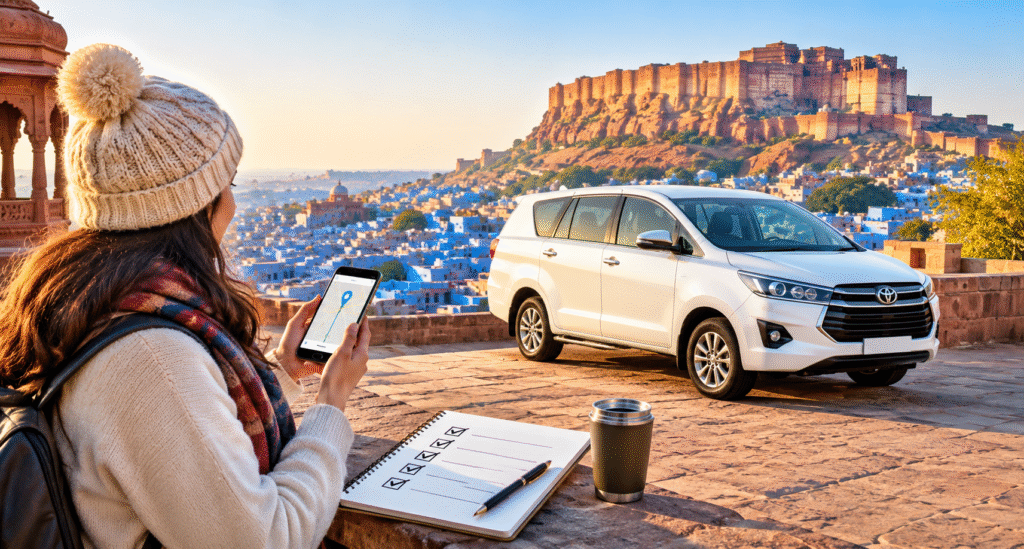 White cab parked overlooking Jodhpur’s Blue City and Mehrangarh Fort during winter travel.