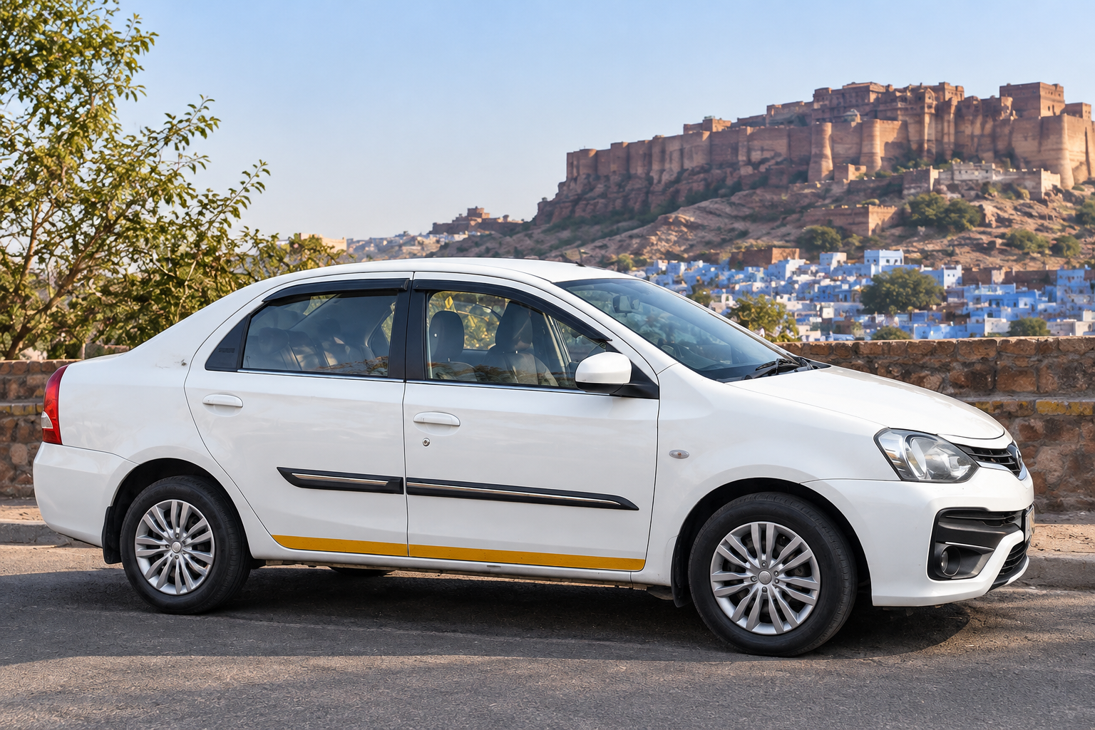 White sedan taxi parked against the scenic backdrop of Mehrangarh Fort in Jodhpur.