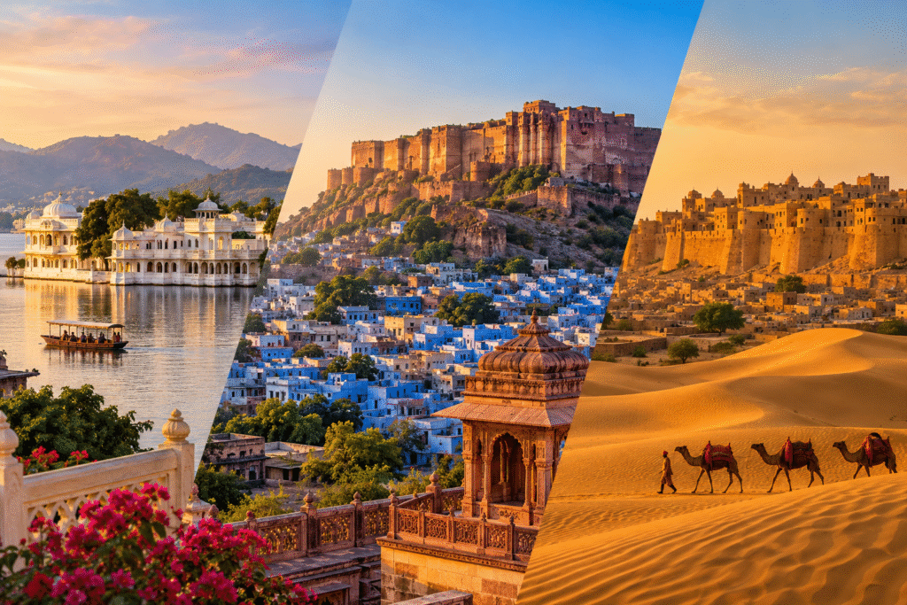 Udaipur Lake Palace, Jodhpur Blue City and Mehrangarh Fort, and Jaisalmer Golden Fort with desert dunes and camels – Rajasthan 6-day tour.