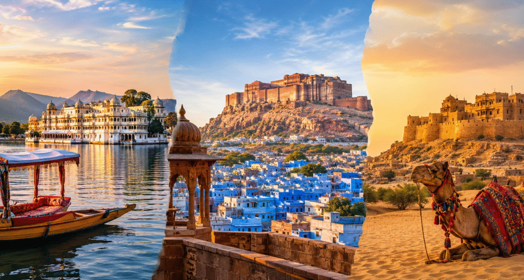 Udaipur Lake Palace, Jodhpur Blue City and Mehrangarh Fort, and Jaisalmer Golden Fort showcasing the beauty of Rajasthan in winter.