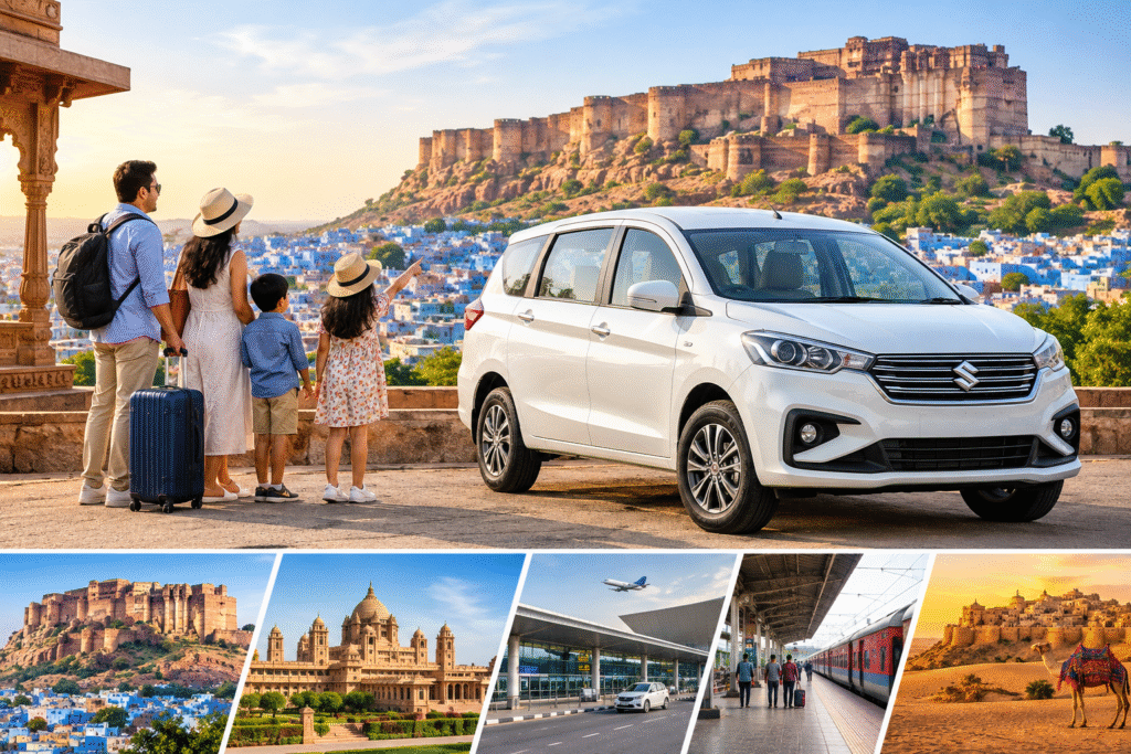 White Maruti Suzuki Ertiga rental car with a family in front of Mehrangarh Fort and the Blue City of Jodhpur, Rajasthan.