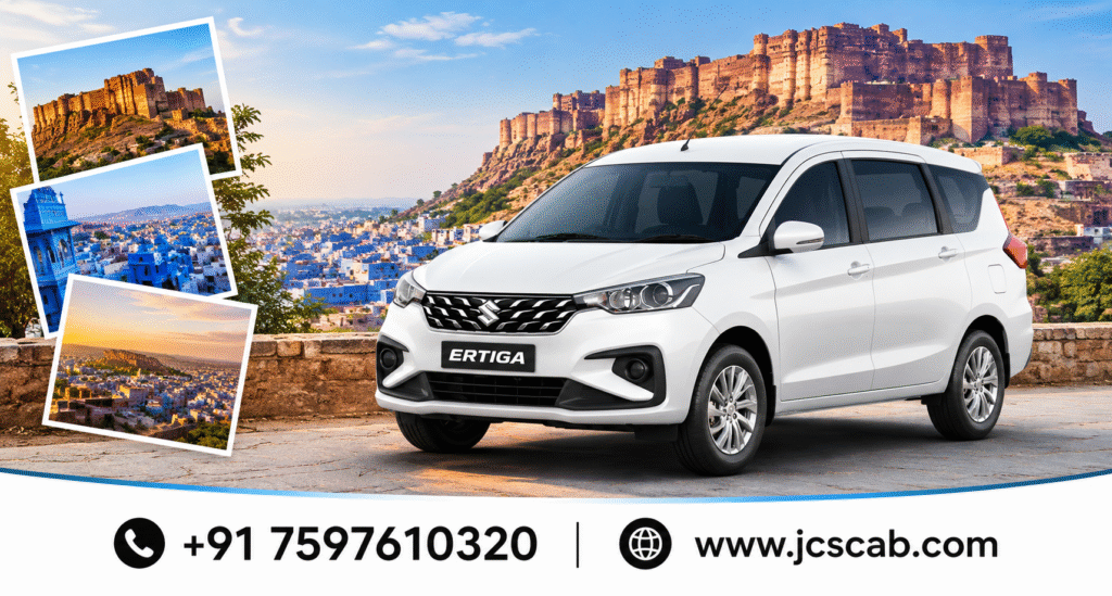White Maruti Suzuki Ertiga available for rental in Jodhpur with JCS Cab car rental service.