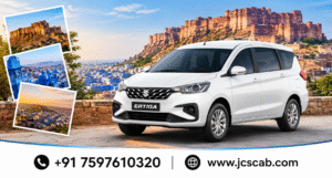 White Maruti Suzuki Ertiga available for rental in Jodhpur with JCS Cab car rental service.